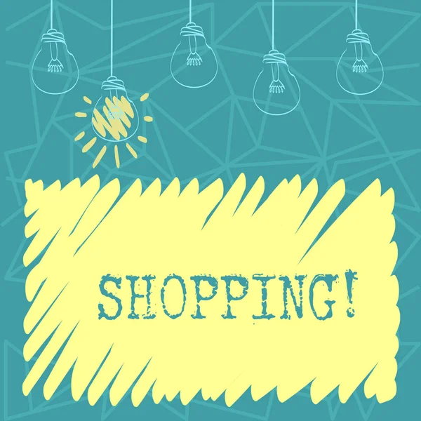 Handskrift text Shopping. Begreppet mening Shopper kundprodukter inköp varor lagra erfarenhet ställa av Transparent glödlampor hängande med glödtråd och en är i belyst ikon. — Stockfoto