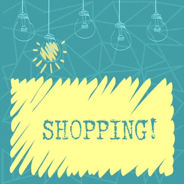 Handwriting text Shopping. Concept meaning Shopper customer purchase goods products store experience Set of Transparent Bulbs Hanging with Filament and One is in Lighted Icon. — Stock Photo, Image