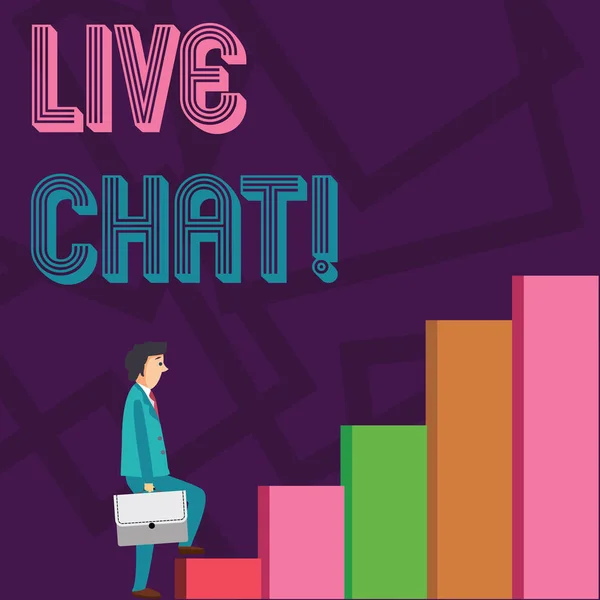 Conceptuele hand schrijven tonen Live Chat. Zakelijke foto presentatie van de webservice waarmee bedrijven of vrienden te communiceren Man die een aktetas in peinzende expressie klimmen omhoog. — Stockfoto