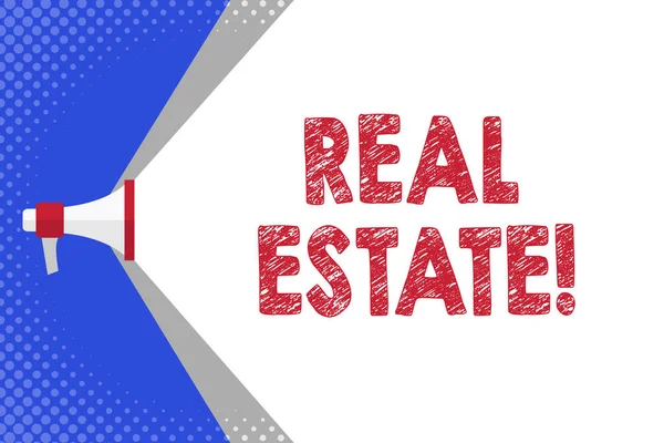 Text rukopis psaní Real Estate. Koncept význam vlastní majetek skládající se z prázdné pozemky nebo budovy megafon rozšiřuje rozsah kapacity objemu přes prázdný prostor široký paprsek. — Stock fotografie