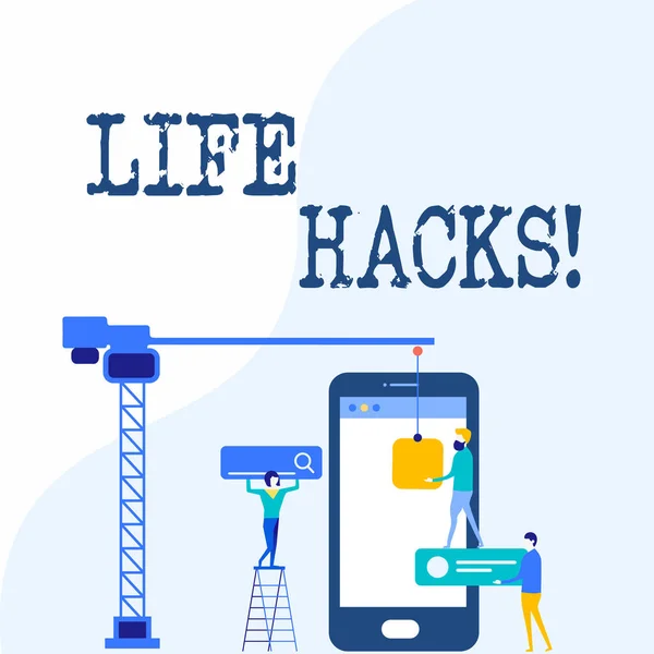 Handgeschreven tekst schrijven Life Hacks. Begrip betekenis techniek aangenomen analysisage degenen tijd en dagelijkse activiteiten medewerkers werken samen voor gemeenschappelijk doel doel met Seo proces pictogrammen. — Stockfoto