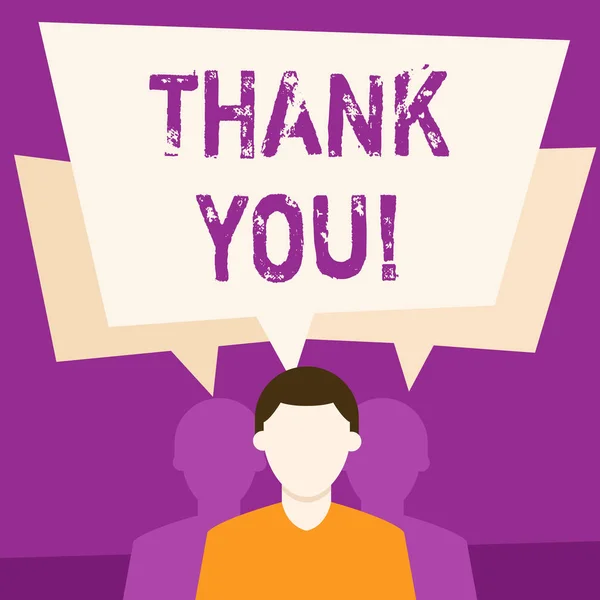 Text sign showing Thank You. Conceptual photo polite expression used when acknowledging gift service compliment Faceless Man has Two Shadows Each has Their Own Speech Bubble Overlapping. — Stock Photo, Image