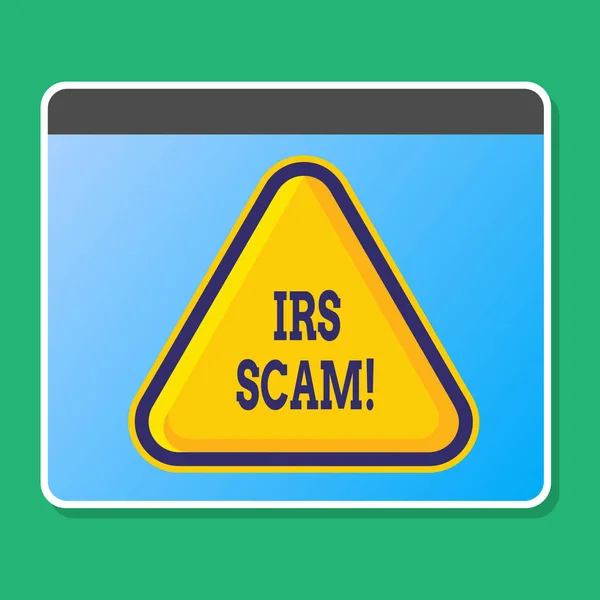 Handgeschreven tekst schrijven Irs Scam. Begrip betekenis betrekken oplichters richten belastingbetalers te doen alsof worden interne dienst lege gele reliëf driehoek met rand als Web-knop In Tablet PC-scherm. — Stockfoto