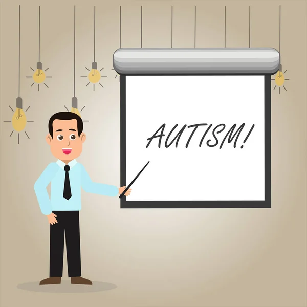 自閉症を示すメモを書きます。ビジネス写真世界ネクタイ保持棒を指して白のスクリーン上に壁男社会委員会が実施した自閉症の意識を展示. — ストック写真