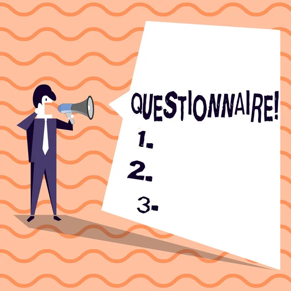 Word writing text Questionnaire. Business concept for Questions with a choice of answers Survey Statistical study Businessman Shouting on Megaphone and Blank White Uneven Shape Speech Bubble.