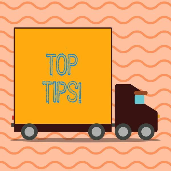 Handwriting text writing Top Tips. Concept meaning small but particularly useful efficient piece of practical advice Delivery Lorry Truck with Blank Covered Back Container to Transport Goods. — Stock Photo, Image