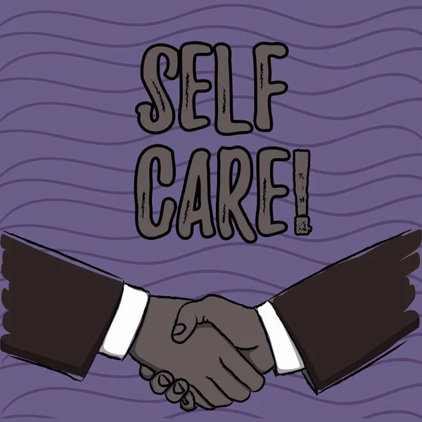 Word writing text Self Care. Business concept for practice of taking action preserve or improve ones own health Businessmen Shaking Hands Firmly as Gesture Form of Greeting and Agreement. — Stock Photo, Image