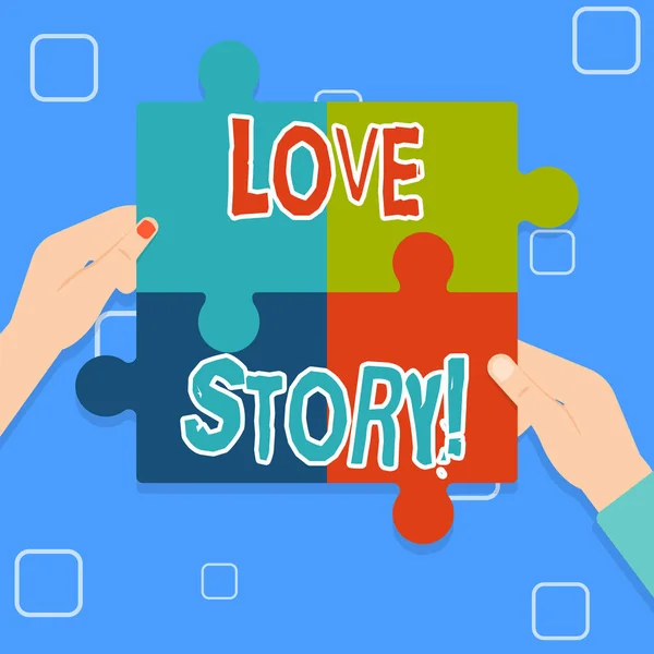 Schrijven van notitie weergegeven: Love Story. Zakelijke foto presentatie van roman over de relatie tussen twee demonstratings analyse Multi kleur puzzel stukjes Put Together door mensenhanden. — Stockfoto