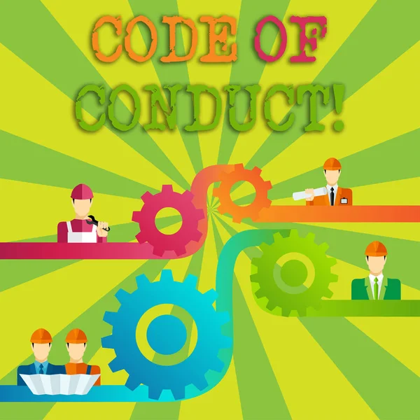 Tekstin kirjoittaminen Code of Conduct. Liiketoimintakonsepti Noudata periaatteita ja standardeja liiketoiminnan eheyden Cog Gear asettaminen kuvake yhdistää miehiä eri Professional Character . — kuvapankkivalokuva