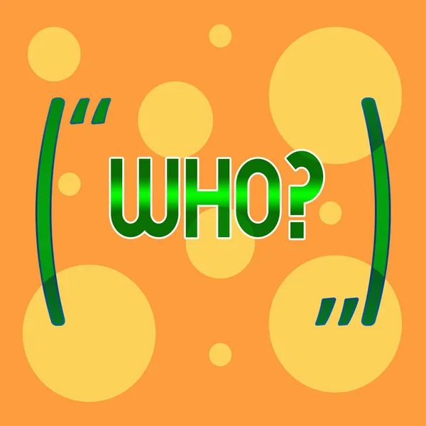 Signo de texto mostrando Whoquestion. Foto conceptual Preguntando por el nombre específico de alguien que muestra la demostratividad Diferentes tamaños de círculos amarillos en blanco al azar sobre fondo naranja pálido . — Foto de Stock