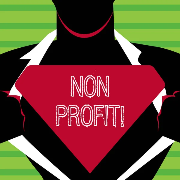 Word pisanie tekstu Non Profit. Koncepcja biznesowa nie dokonywania lub prowadzonych przede wszystkim aby zysk organizacji człowiek w Superman stanowić otwarcie jego koszuli, aby odsłonić puste Logo trójkątne. — Zdjęcie stockowe