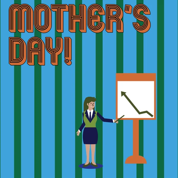 Writing note showing Mother S Day. Business photo showcasing day of year where mothers are particularly honoured by children Woman Holding Stick Pointing to Chart of Arrow on Whiteboard. — Stock Photo, Image