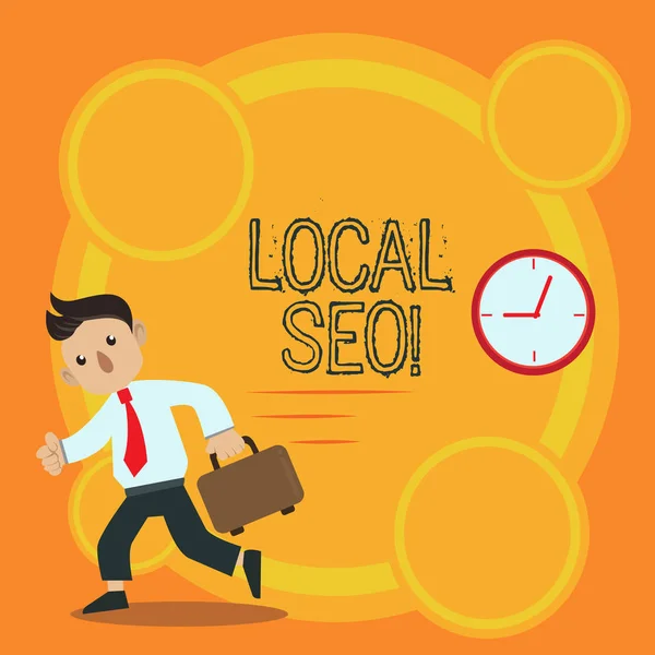 Scrivere una nota che mostra Local Seo. Business photo vetrina modo incredibilmente efficace per commercializzare il vostro vicino business online uomo portando valigetta a piedi passato l'orologio da parete analogico . — Foto Stock