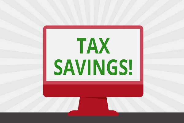 Handwriting text Tax Savings. Concept meaning means that you pay reduced amount of taxes than normal Blank Space Desktop Computer Colorful Monitor Screen Freestanding on Table.