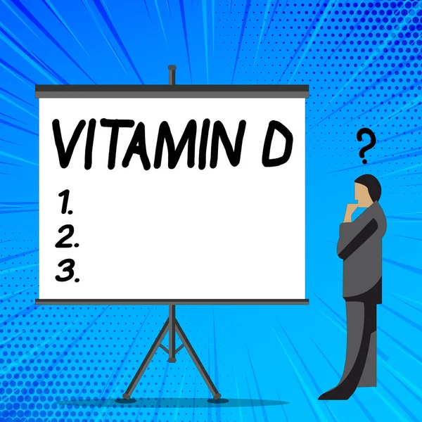 Ord skriva text Vitamin D. affärsidé för förmåner av sunbeam exponering och vissa fettlösliga näringsämnen affärsman med frågetecken ovanför hans huvud står bredvid tom skärm. — Stockfoto