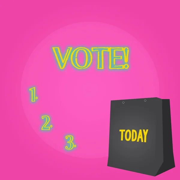 Text sign showing Vote. Conceptual photo Formalized decision on important matters electing Color Gift Bag with Punched Hole but Without Handle on Twotone Blank Space. — Stock Photo, Image
