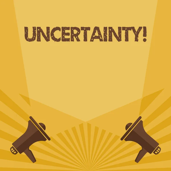 Writing note showing Uncertainty. Business photo showcasing Unpredictability of certain situations events behavior Spotlight Crisscrossing Upward from Megaphones on the Floor. — Stock Photo, Image