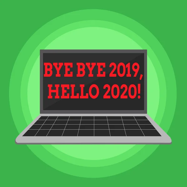 Nota de escritura que muestra Bye Bye 2019 Hola 2020. Foto de negocios que muestra decir adiós al año pasado y dar la bienvenida a otro buen ordenador portátil con pantalla de teclado de diseño de cuadrícula en el telón de fondo Pastel . —  Fotos de Stock