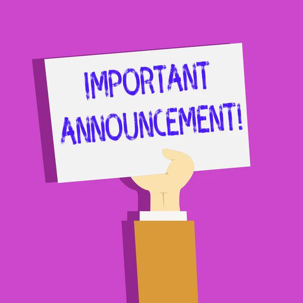 Conceptual hand writing showing Important Announcement. Business photo text spoken statement that tells showing about something Clipart of Hand Holding Up Sheet of Paper on Pastel Backdrop. — Stock Photo, Image