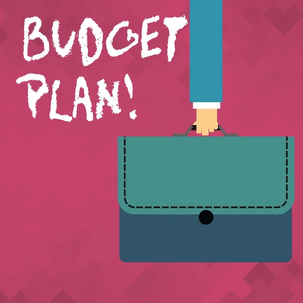 Word writing text Budget Plan. Business concept for estimate of income and expenditure for set period of time Businessman Hand Carrying Colorful Briefcase Portfolio with Stitch Applique.