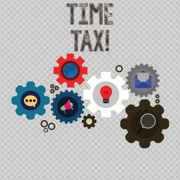 Megjegyzés: mutatja az időt adó írás. Üzleti fénykép bemutató, ha a természetes személy adófizetőkre előkészíti a pénzügyi kimutatások beállítása a globális Online szociális hálózati ikonok Cog Wheel felszerelés. — Stock Fotó