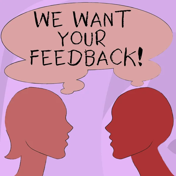 Text sign showing We Want Your Feedback. Conceptual photo criticism given someone say can be done for improvement Silhouette Sideview Profile Image of Man and Woman with Shared Thought Bubble.