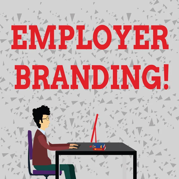 Word writing text Employer Branding. Business concept for promoting company employer choice to desired target group Businessman Sitting Straight on Chair Working on Computer and Books on Table.