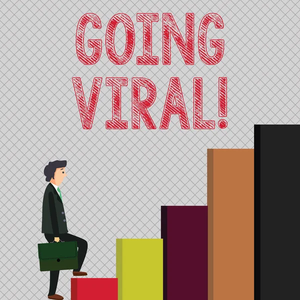 กําลังเขียนโน้ตแสดง Going Viral รูปภาพธุรกิจแสดงวิดีโอหรือภาพที่แพร่กระจายอย่างรวดเร็วและกว้างขวางในหมู่ผู้ใช้อินเทอร์เน็ต มนุษย์ถือกระเป๋าเอกสารในการแสดงออก Pensive ปีนขึ้นไป . — ภาพถ่ายสต็อก