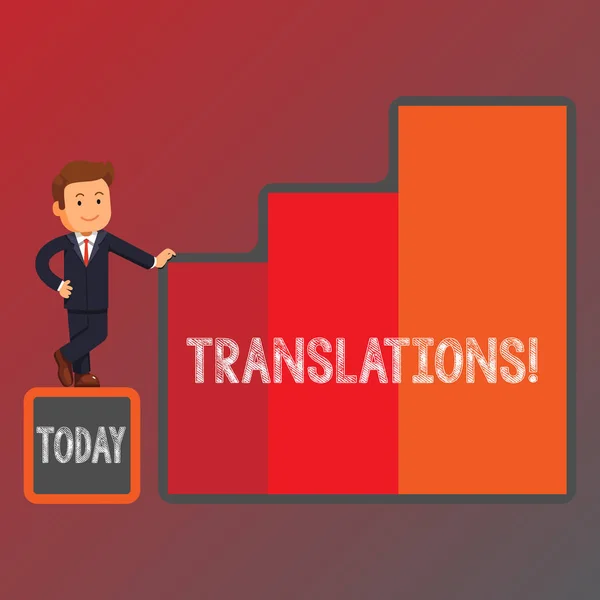 Fogalmi kézi írás, mutatja a fordítások. Üzleti fénykép bemutató írásos vagy nyomtatott való lefordításának folyamata a szavak szöveg hang üzletember bemutató növekedés és a siker a grafikon oszlopok. — Stock Fotó