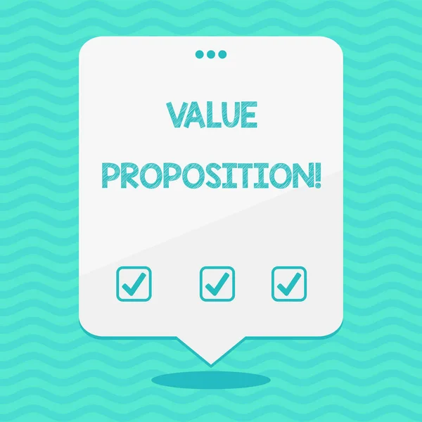 Tekst teken weergegeven: Value Proposition. Conceptuele foto innovatie service bedoeld make product aantrekkelijk lege ruimte wit Speech ballon zwevend rijggat drie sloeg op de Top. — Stockfoto