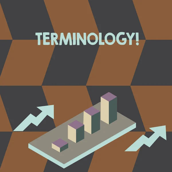 Writing note showing Terminology. Business photo showcasing Collection of terms used by different profession study industry Clustered 3D Bar Chart Graph in Perspective with Two Arrows. — Stock Photo, Image