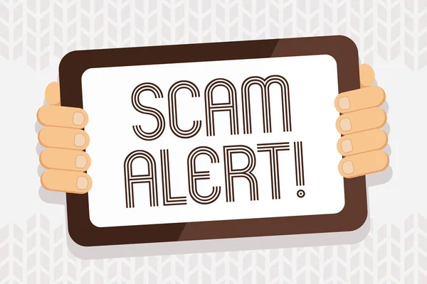 Scrittura a mano testo Scam Alert. Concetto che significa trucco illegale di solito con lo scopo di ottenere soldi da mostrare a colori Tablet Smartphone con schermo vuoto palmare dal retro del gadget . — Foto Stock