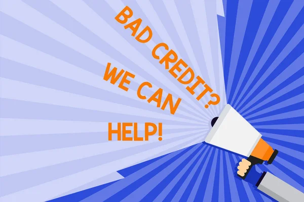 Word writing text Bad Credit Question We Can Help. Business concept for offering help after going for loan then rejected Hand Holding Megaphone with Blank Wide Beam for Extending the Volume Range.