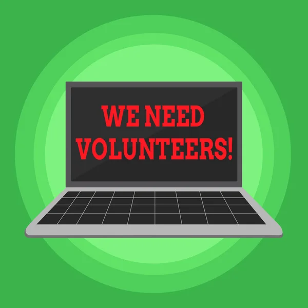 Writing note showing We Need Volunteers. Business photo showcasing someone who does work without being paid for it Laptop with Grid Design Keyboard Screen on Pastel Backdrop.