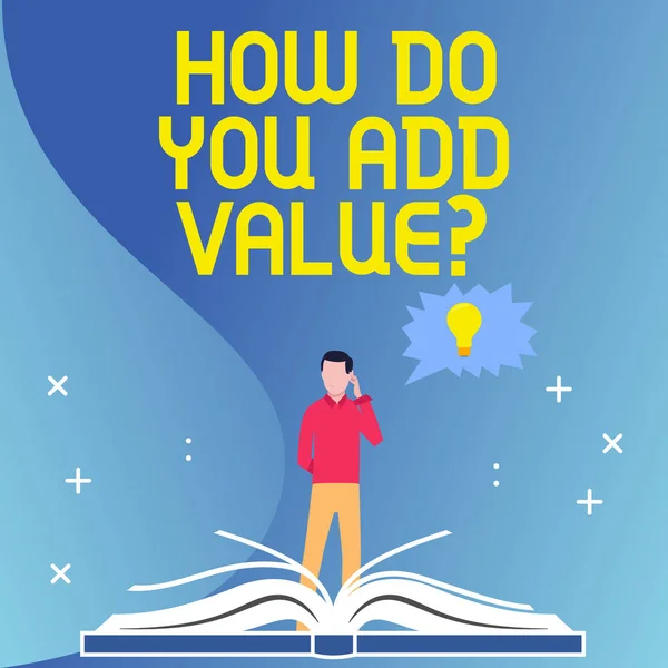 Text sign showing How Do You Add Value Question. Conceptual photo improve work undertaking production process Man Standing Behind Open Book, Hand on Head, Jagged Speech Bubble with Bulb.