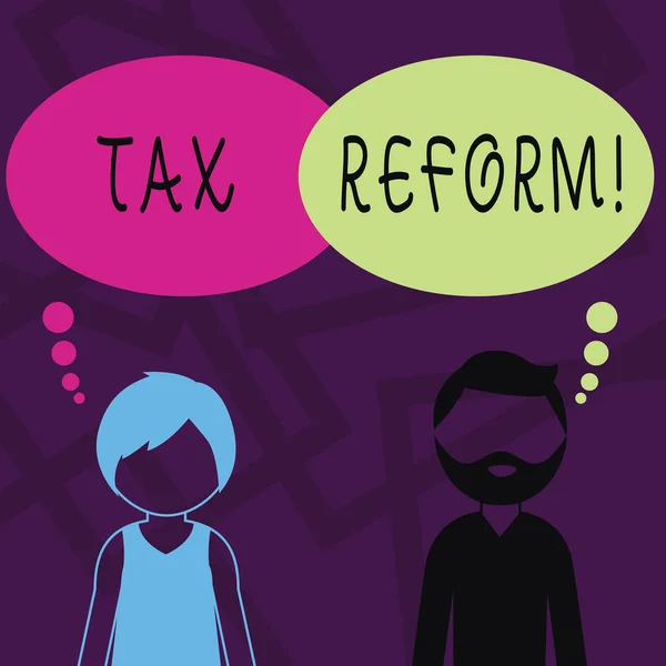 Text sign showing Tax Reform. Conceptual photo process of changing way taxes are collected by government Bearded Man and Woman Faceless Profile with Blank Colorful Thought Bubble. — Stock Photo, Image