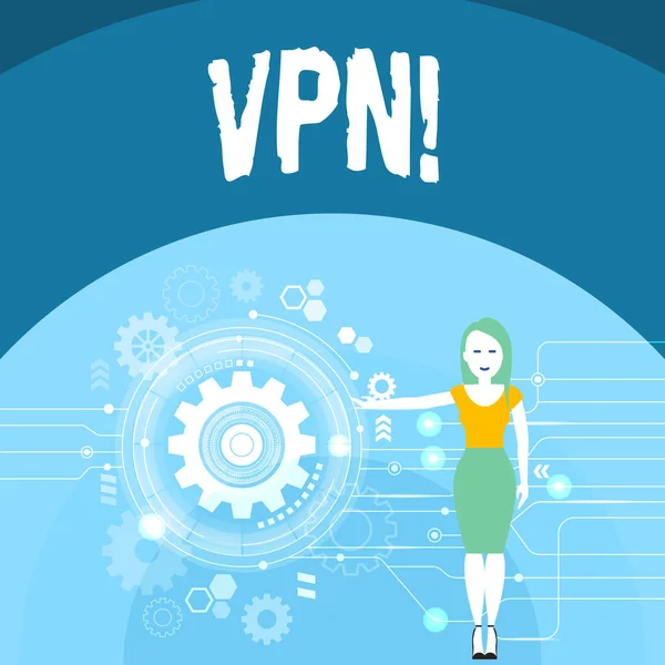 Writing note showing Vpn. Business photo showcasing Secured virtual private network across confidential domain protected Woman Presenting the SEO Process with Cog Wheel Gear inside. — Stock Photo, Image