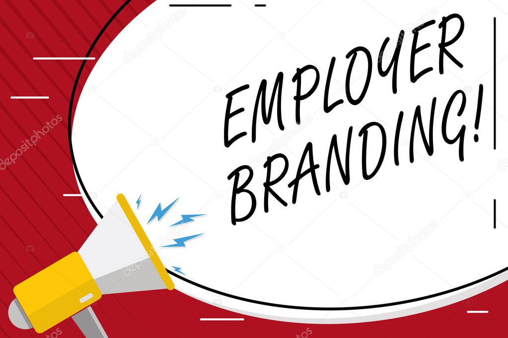 Handwriting text writing Employer Branding. Concept meaning promoting company employer choice to desired target group Blank White Huge Oval Shape Sticker and Megaphone Shouting with Volume Icon.