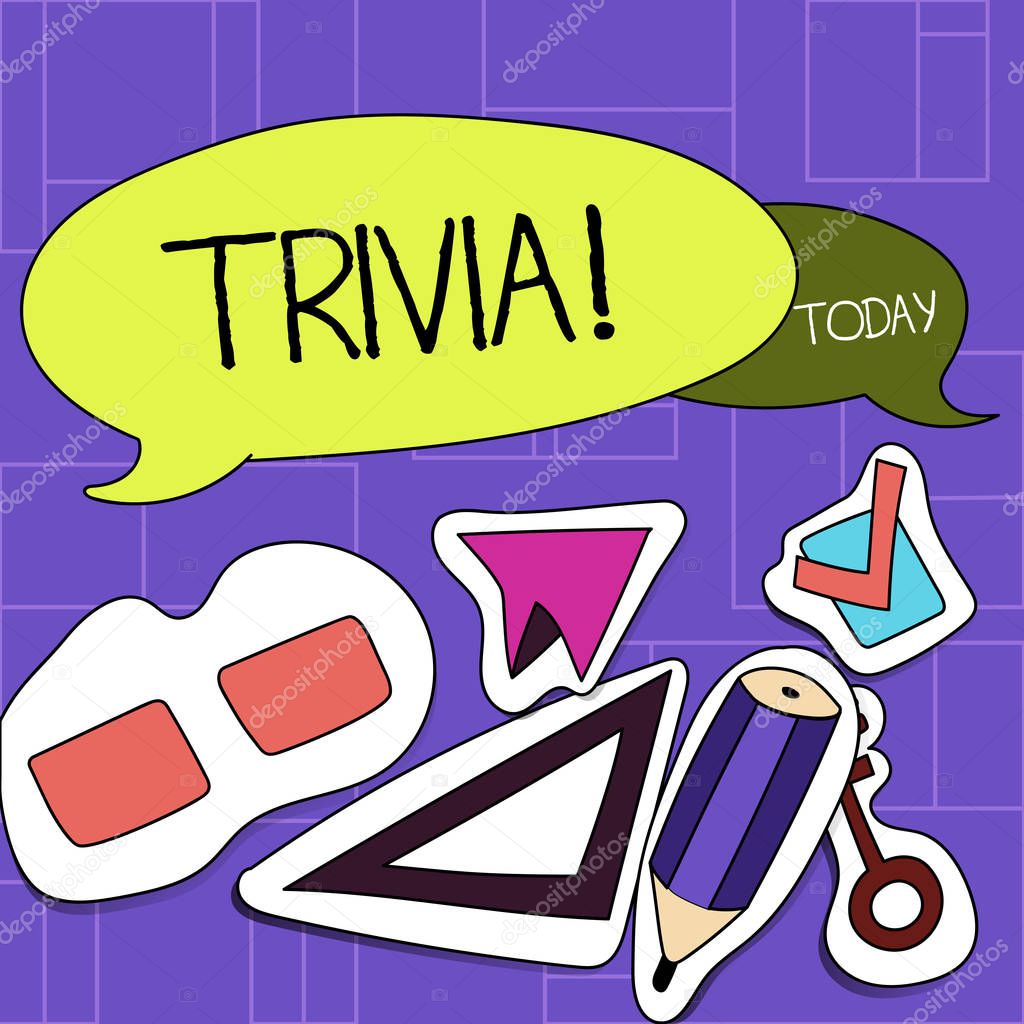 Handwriting text Trivia. Concept meaning Pieces of insignificant info of something someone someplace Two Blank Colorful Speech Balloon and Different Labels Sticker Style Icons.