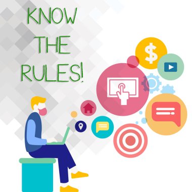 The Rules biliyorum gösterilen metin işareti. Kavramsal fotoğraf anlama genel Is Sartlari yasal tavsiye avukatlar adam oturuyor aşağı dizüstü bilgisayar ile onun kucak ve Seo sürücü simgeleri boş yer üstünde olsun.