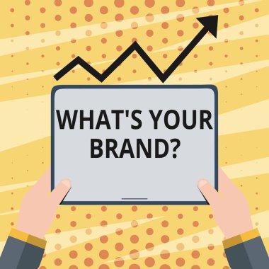 Kavramsal el S Your marka soru ne gösterilen yazma. Ürün logosu hakkında soran vitrine iş fotoğraf istiyor veya ne Tablet ilerici ok gidiş altında tutan el iletişim kurmak