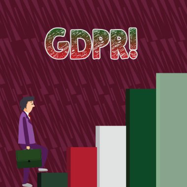 Kavramsal el yazma gösteren Gdpr. iş fotoğraf metin genel veri koruma Yönetmeliği gizlilik AB yasalarına uyum adam dalgın ifade tırmanma up bir evrak çantası taşıyor.