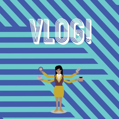 Vlog gösterilen metin işareti. Kavramsal fotoğraf eğlenceli multimedya kendi yayın haber hikayeleri işkadını dört silah uzanan yana Holding işçi gerekli öğe ile raporlama.