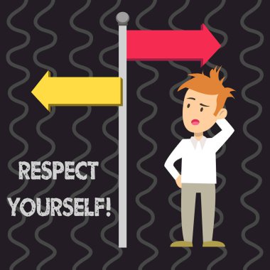 Kendine saygı gösterilen not yazma. İyi ve varlık layık iyi adam karışık yol işareti işaret ters yönde ile tedavi mümin vitrine iş fotoğraf.