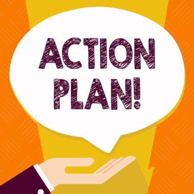 Eylem planı gösterilen metin işareti. Kavramsal fotoğraf için belirli Palm kadar sırtüstü pozisyonda zaman bağış el işareti simgesi ve konuşma balonu için stratejisi ya da eylem ders önerilen.