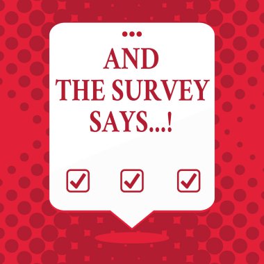 El yazısı metin ve Survey Says. Kısa quiz veya sınavı sözlü sonuçlarını internet üzerinde yazılı kavram anlamı boş alan beyaz konuşma balon yüzen üstte üç delikli delikli.