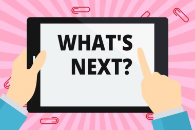 Metin yazma S sonraki soruya ne kelime. Onun gelecek eylemleri veya davranışları el Holding işaret dokunmadan boş dikdörtgen renk Tablet beyaz ekran hakkında gösteren sorduğun için iş kavramı.