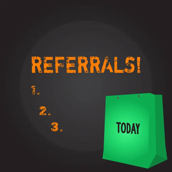 Conceptual hand writing showing Referrals. Business photo showcasing Act of referring someone or something for consultation review Color Gift Bag with Punched Hole on Two toned Blank Space. — Stock Photo, Image