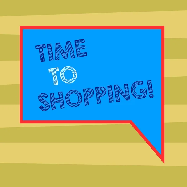 Signo de texto que muestra Time To Shopping. Foto conceptual Momento para la compra de nuevos productos en las tiendas Ventas en blanco Color rectangular Discurso Burbuja con foto fronteriza Mano derecha . — Foto de Stock