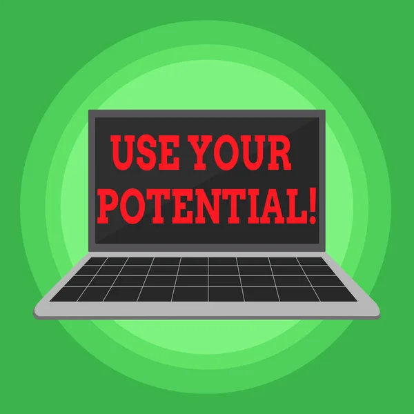 Writing note showing Use Your Potential. Business photo showcasing achieve as much natural ability makes possible Laptop with Grid Design Keyboard Screen on Pastel Backdrop.